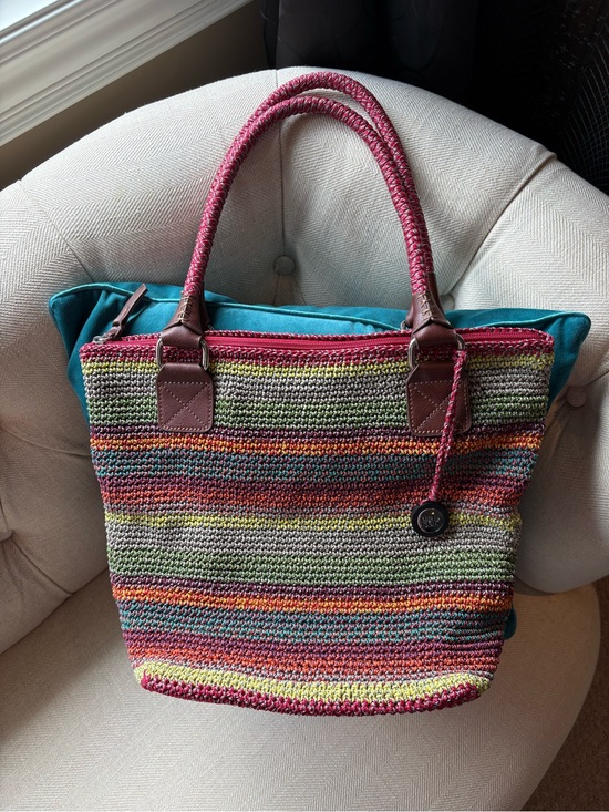 The Sak Handbags - The Sak Crochet Knit Multicolor Tote Shoulder Bag Boho Striped Large Zip Top